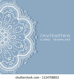 Invitation or Card template with lacy border pattern, cutout paper, mandala frame element. Decorative openwork filigree art, lace background for Wedding, Valentine's day greeting cards, Birthday Invit