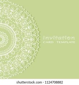 Invitation or Card template with lacy border pattern, cutout paper, mandala frame element. Decorative openwork filigree art, lace background for Wedding, Valentine's day greeting cards, Birthday Invit