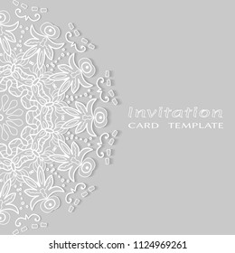 Invitation or Card template with lacy border pattern, cutout paper, mandala frame element. Decorative openwork filigree art, lace background for Wedding, Valentine's day greeting cards, Birthday Invit