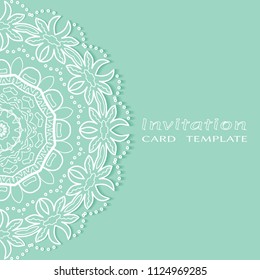 Invitation or Card template with lacy border pattern, cutout paper, mandala frame element. Decorative openwork filigree art, lace background for Wedding, Valentine's day greeting cards, Birthday Invit