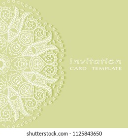 Invitation or Card template with lacy border pattern, cutout paper, mandala frame element. Decorative openwork filigree art, lace background for Wedding, Valentine's day greeting cards, Birthday Invit