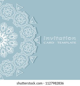 Invitation or Card template with lacy border pattern, cutout paper, mandala frame element. Decorative openwork filigree art, lace background for Wedding, Valentine's day greeting cards, Birthday Invit
