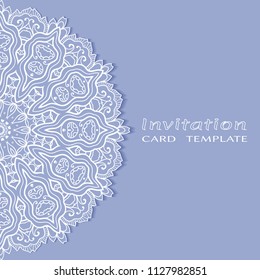 Invitation or Card template with lacy border pattern, cutout paper, mandala frame element. Decorative openwork filigree art, lace background for Wedding, Valentine's day greeting cards, Birthday Invit