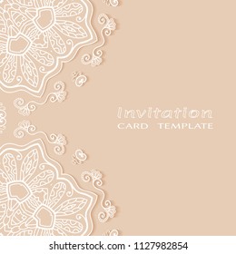 Invitation or Card template with lacy border pattern, cutout paper, mandala frame element. Decorative openwork filigree art, lace background for Wedding, Valentine's day greeting cards, Birthday Invit