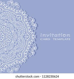 Invitation or Card template with lacy border pattern, cutout paper, mandala frame element. Decorative openwork filigree art, lace background for Wedding, Valentine's day greeting cards, Birthday Invit