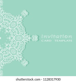 Invitation or Card template with lacy border pattern, cutout paper, mandala frame element. Decorative openwork filigree art, lace background for Wedding, Valentine's day greeting cards, Birthday Invit