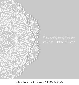 Invitation or Card template with lacy border pattern, cutout paper, mandala frame element. Decorative openwork filigree art, lace background for Wedding, Valentine's day greeting cards, Birthday Invit