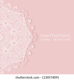 Invitation or Card template with lacy border pattern, cutout paper, mandala frame element. Decorative openwork filigree art, lace background for Wedding, Valentine's day greeting cards, Birthday Invit