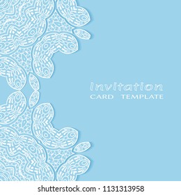 Invitation or Card template with lacy border pattern, cutout paper, mandala frame element. Decorative openwork filigree art, lace background for Wedding, Valentine's day greeting cards, Birthday Invit