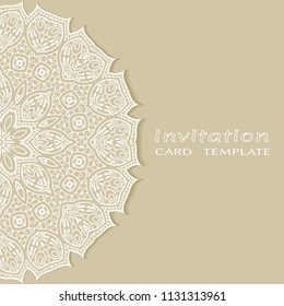 Invitation or Card template with lacy border pattern, cutout paper, mandala frame element. Decorative openwork filigree art, lace background for Wedding, Valentine's day greeting cards, Birthday Invit