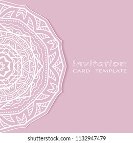 Invitation or Card template with lacy border pattern, cutout paper, mandala frame element. Decorative openwork filigree art, lace background for Wedding, Valentine's day greeting cards, Birthday Invit