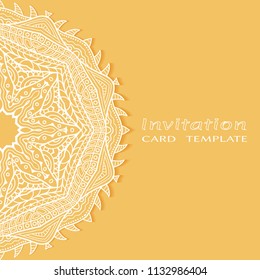Invitation or Card template with lacy border pattern, cutout paper, mandala frame element. Decorative openwork filigree art, lace background for Wedding, Valentine's day greeting cards, Birthday Invit
