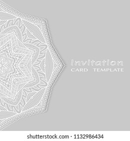 Invitation or Card template with lacy border pattern, cutout paper, mandala frame element. Decorative openwork filigree art, lace background for Wedding, Valentine's day greeting cards, Birthday Invit
