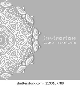 Invitation or Card template with lacy border pattern, cutout paper, mandala frame element. Decorative openwork filigree art, lace background for Wedding, Valentine's day greeting cards, Birthday Invit