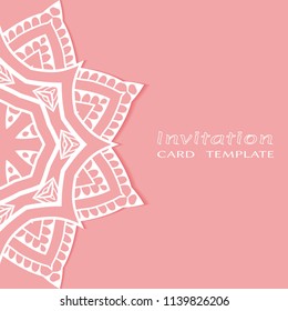 Invitation or Card template with lacy border pattern, cutout paper, mandala frame element. Decorative openwork filigree art, lace background for Wedding, Valentine's day greeting cards, Birthday Invit