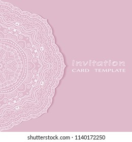 Invitation or Card template with lacy border pattern, cutout paper, mandala frame element. Decorative openwork filigree art, lace background for Wedding, Valentine's day greeting cards, Birthday Invit