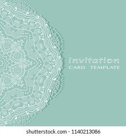 Invitation or Card template with lacy border pattern, cutout paper, mandala frame element. Decorative openwork filigree art, lace background for Wedding, Valentine's day greeting cards, Birthday Invit