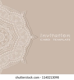 Invitation or Card template with lacy border pattern, cutout paper, mandala frame element. Decorative openwork filigree art, lace background for Wedding, Valentine's day greeting cards, Birthday Invit