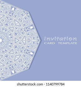 Invitation or Card template with lacy border pattern, cutout paper, mandala frame element. Decorative openwork filigree art, lace background for Wedding, Valentine's day greeting cards, Birthday Invit