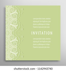 Invitation or Card template with lacy border pattern, cutout paper, mandala frame element. Decorative openwork filigree art, lace background for Wedding, Valentine's day greeting cards, Birthday Invit