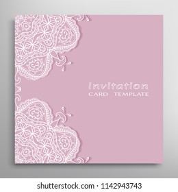Invitation or Card template with lacy border pattern, cutout paper, mandala frame element. Decorative openwork filigree art, lace background for Wedding, Valentine's day greeting cards, Birthday Invit