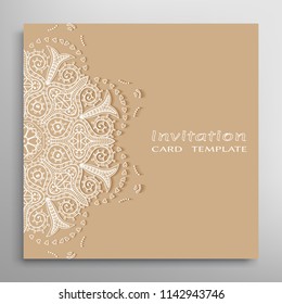 Invitation or Card template with lacy border pattern, cutout paper, mandala frame element. Decorative openwork filigree art, lace background for Wedding, Valentine's day greeting cards, Birthday Invit