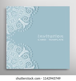 Invitation or Card template with lacy border pattern, cutout paper, mandala frame element. Decorative openwork filigree art, lace background for Wedding, Valentine's day greeting cards, Birthday Invit