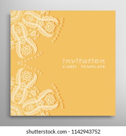 Invitation or Card template with lacy border pattern, cutout paper, mandala frame element. Decorative openwork filigree art, lace background for Wedding, Valentine's day greeting cards, Birthday Invit