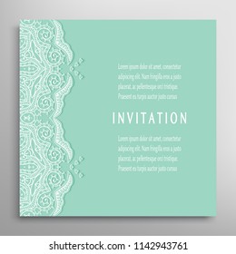 Invitation or Card template with lacy border pattern, cutout paper, mandala frame element. Decorative openwork filigree art, lace background for Wedding, Valentine's day greeting cards, Birthday Invit