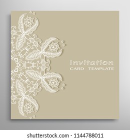 Invitation or Card template with lacy border pattern, cutout paper, mandala frame element. Decorative openwork filigree art, lace background for Wedding, Valentine's day greeting cards, Birthday Invit