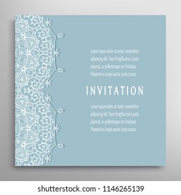 Invitation or Card template with lacy border pattern, cutout paper, mandala frame element. Decorative openwork filigree art, lace background for Wedding, Valentine's day greeting cards, Birthday Invit