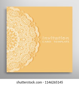 Invitation or Card template with lacy border pattern, cutout paper, mandala frame element. Decorative openwork filigree art, lace background for Wedding, Valentine's day greeting cards, Birthday Invit