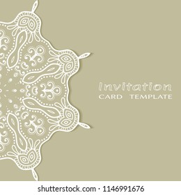 Invitation or Card template with lacy border pattern, cutout paper, mandala frame element. Decorative openwork filigree art, lace background for Wedding, Valentine's day greeting cards, Birthday Invit