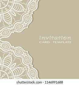 Invitation or Card template with lacy border pattern, cutout paper, mandala frame element. Decorative openwork filigree art, lace background for Wedding, Valentine's day greeting cards, Birthday Invit