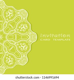 Invitation or Card template with lacy border pattern, cutout paper, mandala frame element. Decorative openwork filigree art, lace background for Wedding, Valentine's day greeting cards, Birthday Invit
