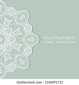 Invitation or Card template with lacy border pattern, cutout paper, mandala frame element. Decorative openwork filigree art, lace background for Wedding, Valentine's day greeting cards, Birthday Invit