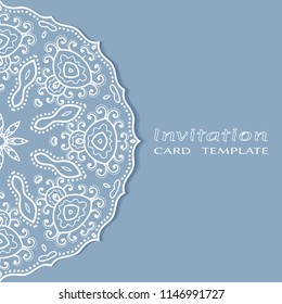 Invitation or Card template with lacy border pattern, cutout paper, mandala frame element. Decorative openwork filigree art, lace background for Wedding, Valentine's day greeting cards, Birthday Invit