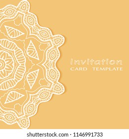 Invitation or Card template with lacy border pattern, cutout paper, mandala frame element. Decorative openwork filigree art, lace background for Wedding, Valentine's day greeting cards, Birthday Invit
