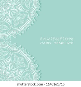 Invitation or Card template with lacy border pattern, cutout paper, mandala frame element. Decorative openwork filigree art, lace background for Wedding, Valentine's day greeting cards, Birthday Invit