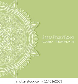 Invitation or Card template with lacy border pattern, cutout paper, mandala frame element. Decorative openwork filigree art, lace background for Wedding, Valentine's day greeting cards, Birthday Invit