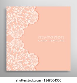 Invitation or Card template with lacy border pattern, cutout paper, mandala frame element. Decorative openwork filigree art, lace background for Wedding, Valentine's day greeting cards, Birthday Invit