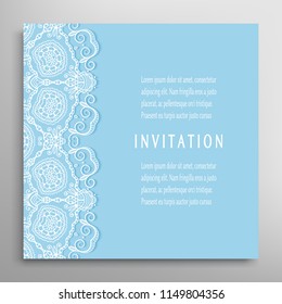 Invitation or Card template with lacy border pattern, cutout paper, mandala frame element. Decorative openwork filigree art, lace background for Wedding, Valentine's day greeting cards, Birthday Invit