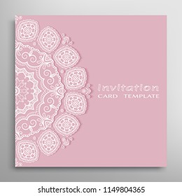 Invitation or Card template with lacy border pattern, cutout paper, mandala frame element. Decorative openwork filigree art, lace background for Wedding, Valentine's day greeting cards, Birthday Invit