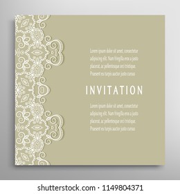 Invitation or Card template with lacy border pattern, cutout paper, mandala frame element. Decorative openwork filigree art, lace background for Wedding, Valentine's day greeting cards, Birthday Invit