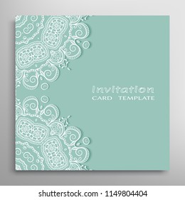 Invitation or Card template with lacy border pattern, cutout paper, mandala frame element. Decorative openwork filigree art, lace background for Wedding, Valentine's day greeting cards, Birthday Invit