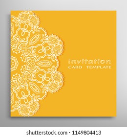 Invitation or Card template with lacy border pattern, cutout paper, mandala frame element. Decorative openwork filigree art, lace background for Wedding, Valentine's day greeting cards, Birthday Invit