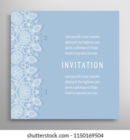 Invitation or Card template with lacy border pattern, cutout paper, mandala frame element. Decorative openwork filigree art, lace background for Wedding, Valentine's day greeting cards, Birthday Invit