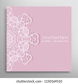 Invitation or Card template with lacy border pattern, cutout paper, mandala frame element. Decorative openwork filigree art, lace background for Wedding, Valentine's day greeting cards, Birthday Invit