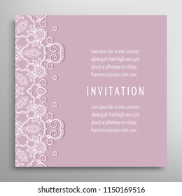 Invitation or Card template with lacy border pattern, cutout paper, mandala frame element. Decorative openwork filigree art, lace background for Wedding, Valentine's day greeting cards, Birthday Invit