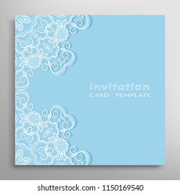 Invitation or Card template with lacy border pattern, cutout paper, mandala frame element. Decorative openwork filigree art, lace background for Wedding, Valentine's day greeting cards, Birthday Invit